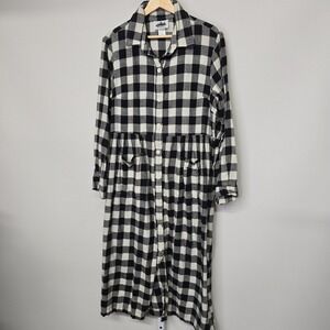 Metropolitan Black White Buffalo Plaid Button Down Long Sleeve Midi Dress Large